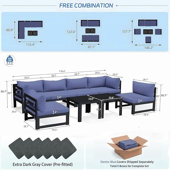NICESOUL 8 Piece L Shaped Modern Aluminum Outdoor Patio Furniture Set, 29" Wide Deep Sitting, Large Fade Resistant Modular Sectional Sofa, 500 lbs Sturdy Comfy Conversation Set for Garden, Denim Blue