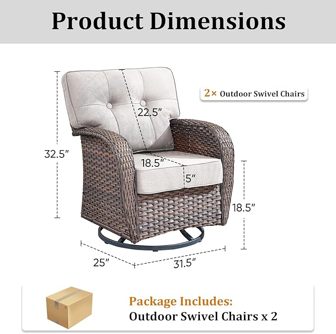 2-Piece Wicker Patio Furniture Set with 5-Inch Thick Cushions Weather Resistant Rattan High Back Swivel Rocker Chairs Senior Friendly Conversation Set for Small Porch Deck Sunroom Brown/Beig