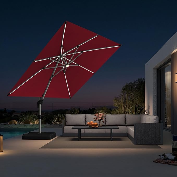 PURPLE LEAF Patio Umbrella with base 10 Feet Outdoor Square Cantilever Umbrella Solar Powered LED with 360-degree Rotation for Garden Deck Pool Patio, Terra