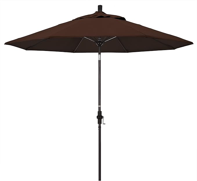 California Umbrella 9' Round Crank Lift, Collar Tilt, Aluminum Pole, Fiberglass Rib Patio Umbrella, Bronze Finish, Sunbrella Bay Brown