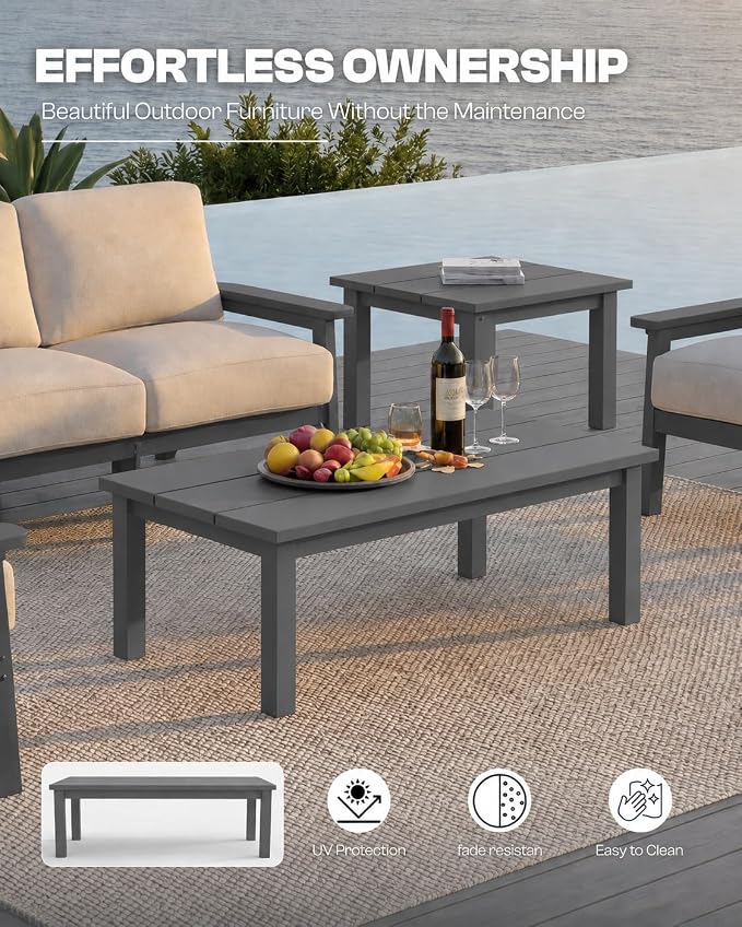 HDPE Outdoor Coffee Table, Weather-Resistant Rectangle Patio Coffee Table with Large Tabletop for Balcony, Deck, Garden, Poolside (Grey)