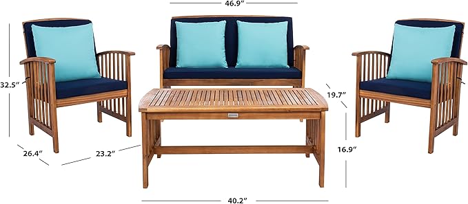 SAFAVIEH Outdoor Collection Rocklin Natural/ Navy Cushions/ Light Blue Pillows 4-Piece Conversation Patio Set
