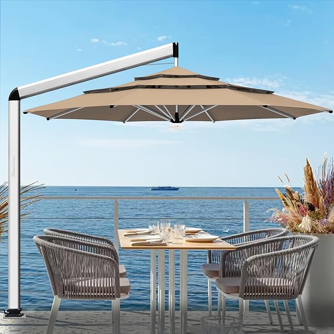 EliteShade USA Atlas 3-Tier 11FT Full Aluminum Cantilever Patio Umbrella for Outdoor restaurant Garden Courtyard Deck Pool and Marketing with Light,Heather Beige
