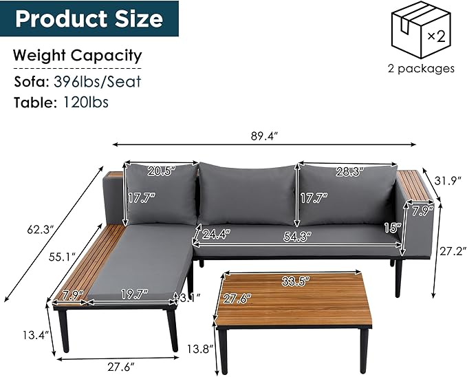 Luxury Outdoor Patio Furniture Set, L-Shaped Acacia Wood Sectional Sofa with Side Table, All-Weather Conversation Set with Removable Cushions and Coffee Table for Backyard Porch (Gray-4.20)