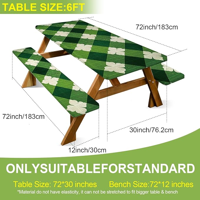 ANNA QUEEN St. Patrick’s Day 6FT Picnic Table Cover with Bench Covers Set of 3 with Drawstring Bag, Green Plaid Clover 72"x30" Waterproof Picnic Tablecloth & Bench Covers