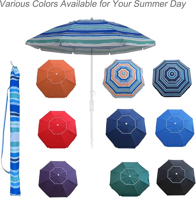 7 ft Beach Umbrella with Sand Anchor & Tilt, UV 50+ Protection Outdoor Sunshade Umbrella with Carry Bag,Blue Polyester Fabric with Silver Coating, Blue