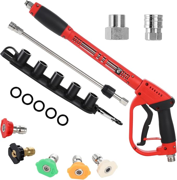 Long Handle Pressure Washer Gun with 5 Nozzle Tips - 5000 PSI Adjustable High Pressure Water Wand with Swivel 3/8" Plug & M22 Coupler, 2 Extension Wands - for Car, Patio Cleaning and Daily use.