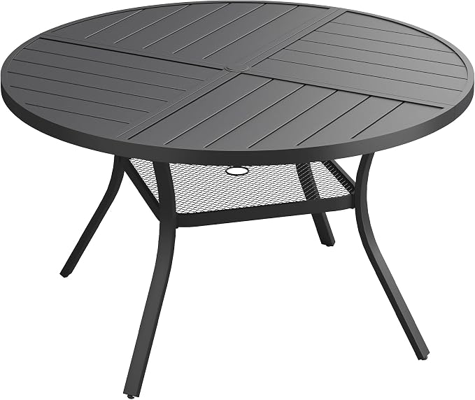 VICLLAX 47.2" Round Outdoor Table, Patio Dining Table for 6 with Umbrella Hole for Garden Lawn Deck Backyard, Black