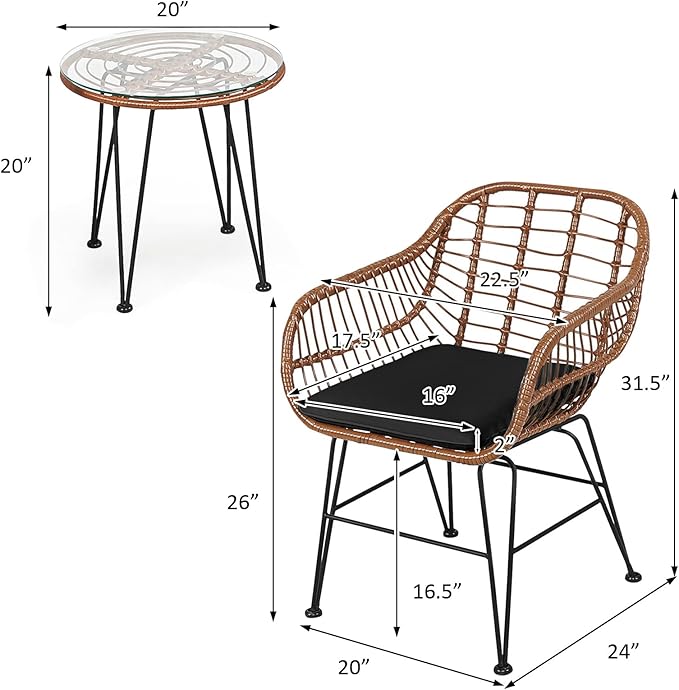 DORTALA 3 Piece Patio Bistro Set, Outdoor Wicker Furniture with Round Tempered Glass Top Table & 2 Rattan Armchairs, Cushions, Conversation Set for Porch, Backyard, Garden, Black