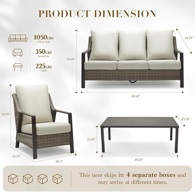 Outdoor Patio Furniture - 2 Pcs Armchairs, All-Weather Wicker Outdoor Conversation Set with 4.72" Thick Olefin Cushions for Deck, Porch, Balcony, Backyard, Beige