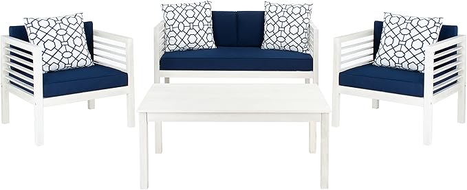 SAFAVIEH Outdoor Collection Alda White/ Navy Cushions/ Geometric Pattern Pillows 4-Piece Conversation Patio Set