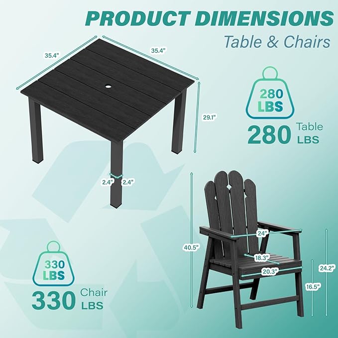 5-Piece Patio Dining Set, Outdoor Dining Set for 4, HDPE All-Weather Outdoor Furniture with 35.43” Umbrella Hole Table, 4 Armchairs, Black