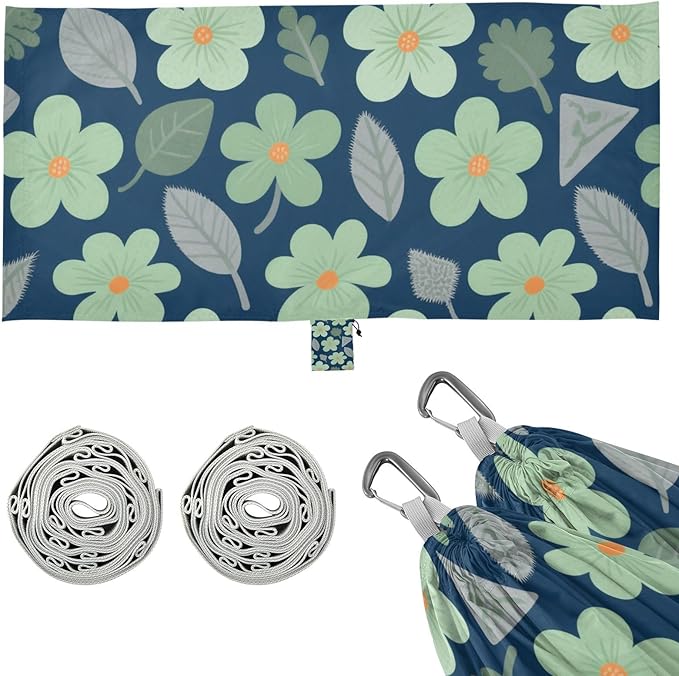 Dark Green Flowers and Leaf Dark Blue 330lb Capacity Outdoor Hammock with Tree Straps Indoor Hammock for Outside Patio Backyard Poolside hamaca con soporte para adultos