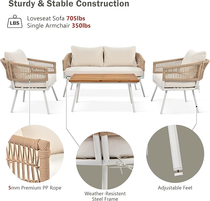 GOWE 4-Piece Boho Rope Patio Furniture Set, Outdoor Furniture with Acacia Wood Table, Patio Conversation Set with Deep Seating & Thick Cushion for Backyard Porch Balcony, Beige