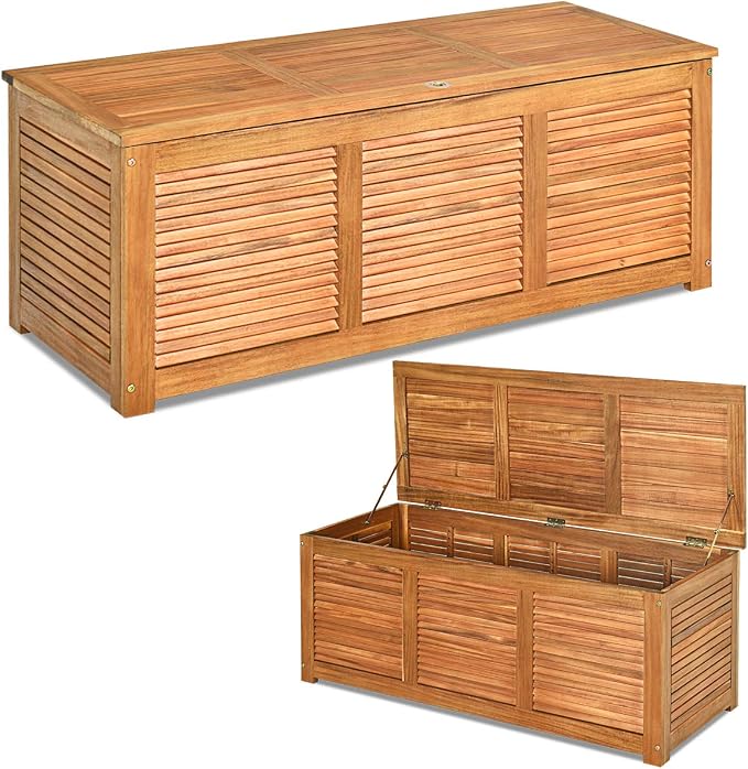 HOMGX Acacia Wood Deck Box with Teak Oil Finish, Sturdy Outdoor Storage Bench for Patio Garden Backyard, Versatile Patio Storage Box with Ventilated Slats & 355 lbs Capacity, 46 Gallon, Natural