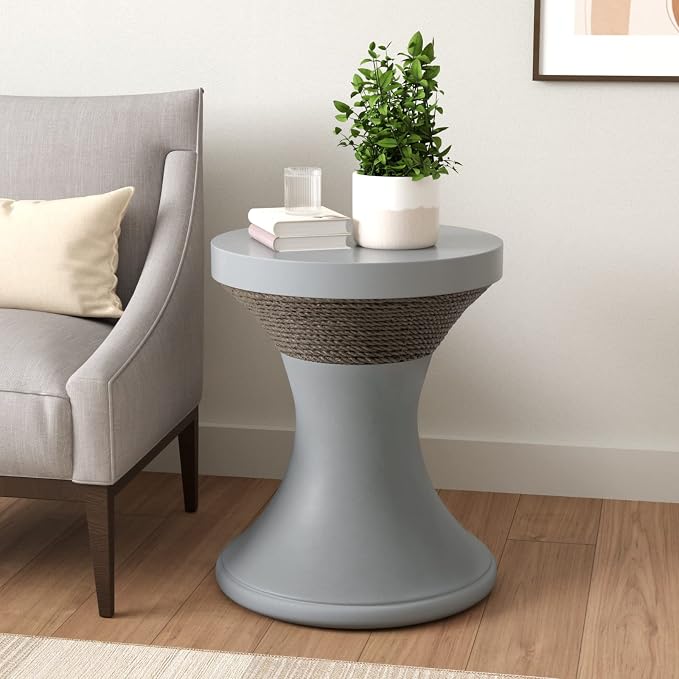 COSIEST Outdoor Side Table, Hourglass Shaped Concrete Accent Side Table w Hemp Rope Decor, 17.7''Patio End Table, Vintage Patio Stand for Garden, Grey
