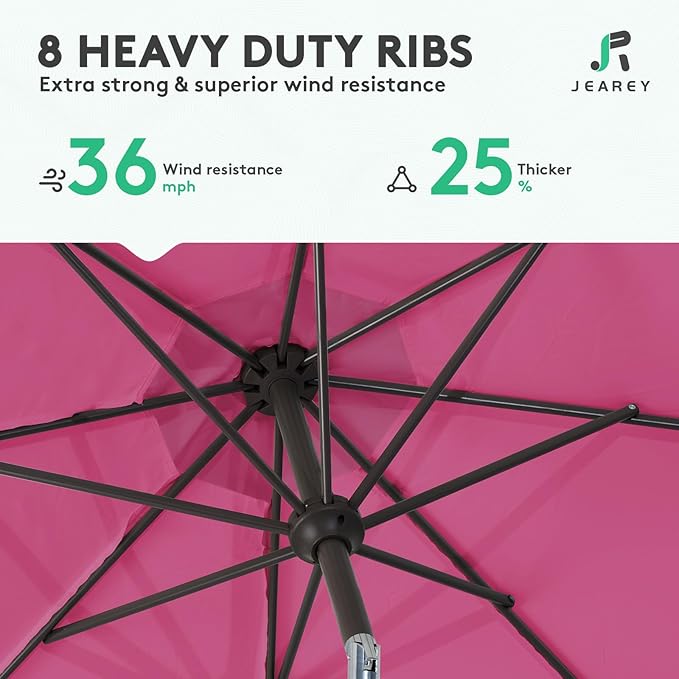JEAREY 10FT Outdoor Patio Umbrella Outdoor Table Umbrella with Push Button Tilt and Crank, Market Umbrella 8 Sturdy Ribs UV Protection Waterproof for Pool, Garden (Rose Pink)