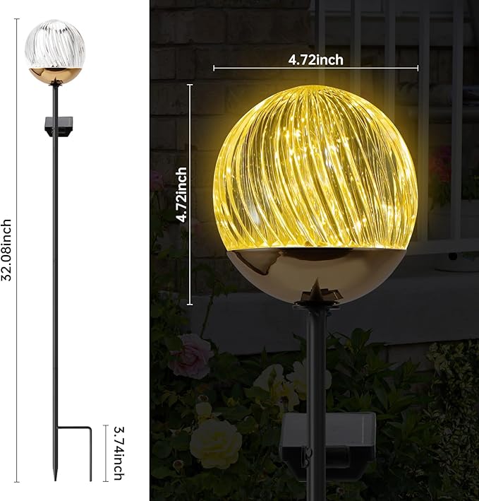 Solar Globe Stake Lights - Outdoor Acrylic Ball Garden Lights with 20 LED, IP44 Waterproof, Auto On/Off, Metal Stake with h-Shaped Ground Spike for Yard, Pathway, Patio Decor (Black stake , 2 pack)