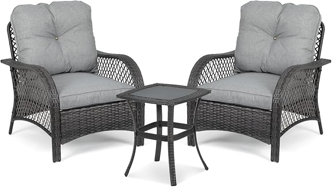 Athena Collection 3 Pieces Outdoor Patio Furniture Set, Rattan Outdoor Table and Chairs with Cushion, Wicker Conversation Bistro Set Balcony Furniture for Porch, Backyard, Garden, Grey