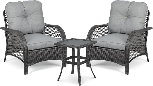 Athena Collection 3 Pieces Outdoor Patio Furniture Set, Rattan Outdoor Table and Chairs with Cushion, Wicker Conversation Bistro Set Balcony Furniture for Porch, Backyard, Garden, Grey