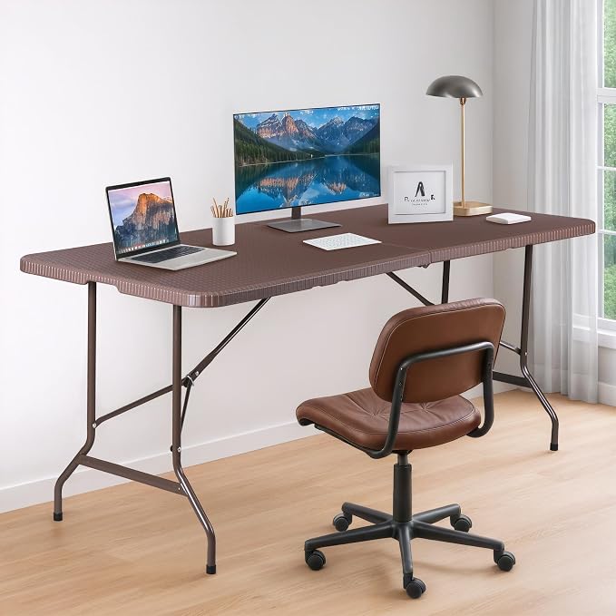 ZENY 6ft Portable Folding Table Plastic Indoor Outdoor Picnic Party Camp Dining Table with Handle (Brown, 71" x 27")