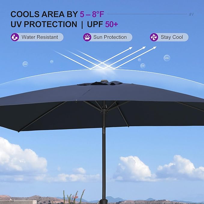 PURPLE LEAF 6.5' x 10' Rectangular Patio Umbrella Outdoor Table Umbrella Aluminum Frame Market Umbrella Sun Umbrella for Garden Deck Lawn Pool Navy Blue