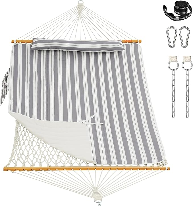 Lazy Daze Hammocks Rope Hammock with Pad, Spreader Bar, Carabiners, Tree Straps, Chains for Outside Patio- Max 450 Lbs, Light Grey Stripes
