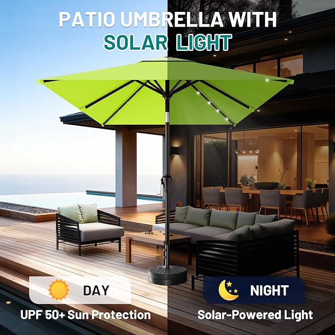 AreShark 6.5' x 10' Rectangular Patio Umbrella with Solar Lights, Solar Powered Lighted Market Umbrella w/Tilt and Crank, Outdoor Table Umbrella for Garden, Deck, Backyard, Pool, Apple Green