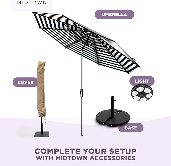 The Swilt 8 Feet Outdoor Umbrella With Terylast Zebra (Black/White Stripes) Polyester Fabric - Fiberglass Ribs, Auto-Tilt And Swivel Aluminum Frame Patio Umbrella For Deck, Garden, Pool - Black Pole