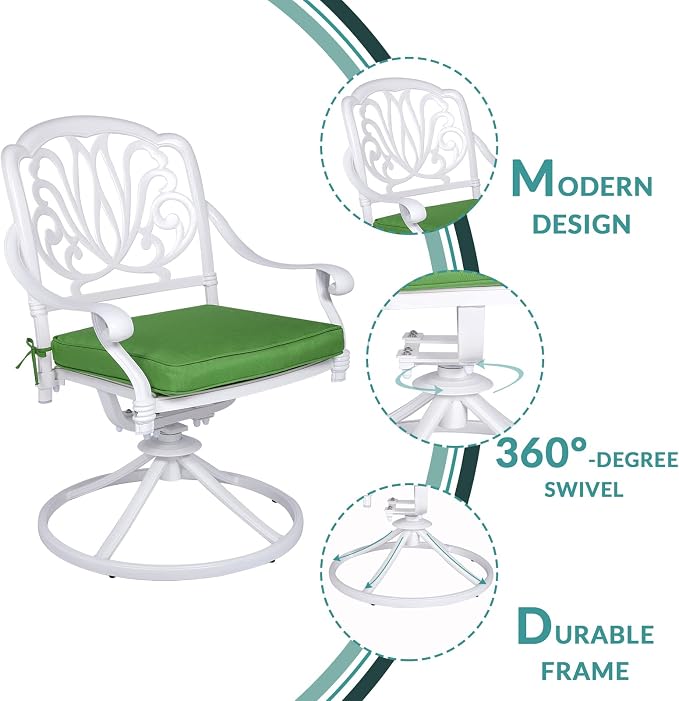 MEETWARM 3-Piece Outdoor Patio Dining Set, All-Weather Cast Aluminum Patio Conversation Set for Backyard Garden Deck with 2 Cushions Swivel Rocker Chairs and 31" Round Table, 2.2" Umbrella Hole, White
