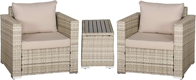 Outsunny 3 Piece Patio Furniture Set, PE Rattan Small Wicker Balcony Furniture, Table & Chairs with Cushions Composite Table, Conversation Set for Apartment, Gray