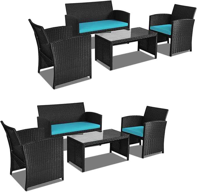 DORTALA 8 Pieces Patio Wicker Conversation Furniture Set, Outdoor Rattan Sofas with Bistro Sets with Coffee Table for Courtyard Balcony Wicker Chairs with Soft Cushion and Table, Turquoise