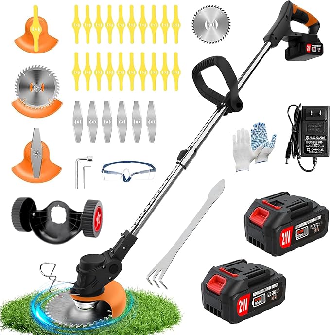 Electric Weed Wacker Weed Cordless Eater with Wheels and 2 Pcs 21V/2000mAh Batteries, 3 in 1 Grass Trimmer/Brush Cutter/Lawn Edger with 27 Pcs Replacement Blades for Lawn Garden and Yard (Black)