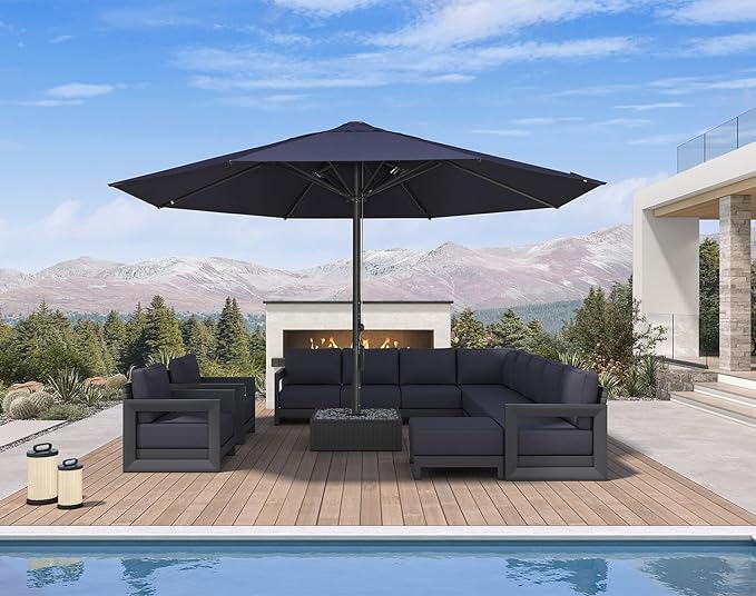 PURPLE LEAF 16' Round Semi-Auto Outdoor Patio Umbrella Aluminium Market Umbrella Table Sun Umbrella with 3.15" Rod and 8 Sturdy Ribs for Deck Lawn Pool Garden, Navy Blue