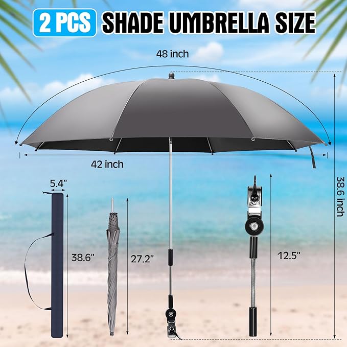 Talltalk 2 Pcs Beach Umbrella with Universal Clamp Adjustable Beach Shade UV Protection Chair Portable Outdoor Umbrella for Camping Patio Chairs Golf Carts