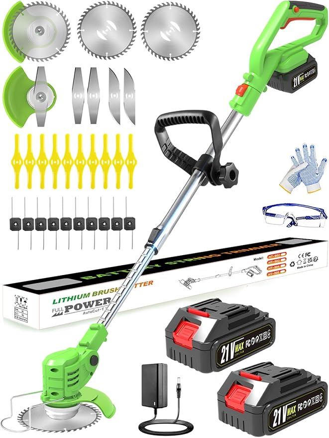 Electric Weed Wacker Cordless, 21V Battery Powered Weed Eater with 2X 2.0Ah Battery Operated and Charger, Lightweight 3 in 1 Weed Trimmer Lawn Edger Brush Cutter, Stringless Weedwacker for Garden Yard