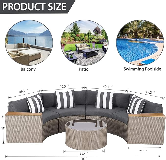 Incbruce Outdoor Half Moon Patio Furniture 5-Piece Curved Outdoor Sofa, All-Weather Outdoor Sectional Furniture Patio Conversation Sets with Round Tempered Glass Top Table (Grey Cushions)