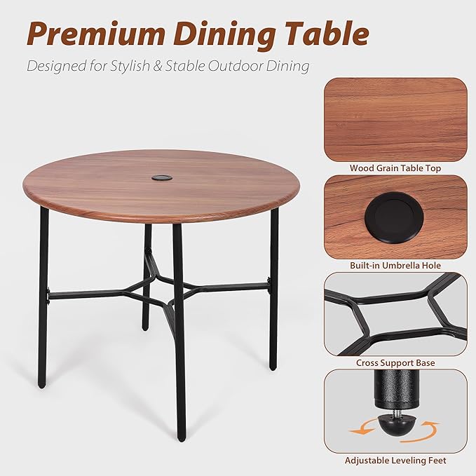 5 Pieces Patio Dining Set, Boho Wicker Outdoor Dining Set with Umbrella Hole, Round Rattan Table and 4 Chairs with Cushions for Garden Backyard