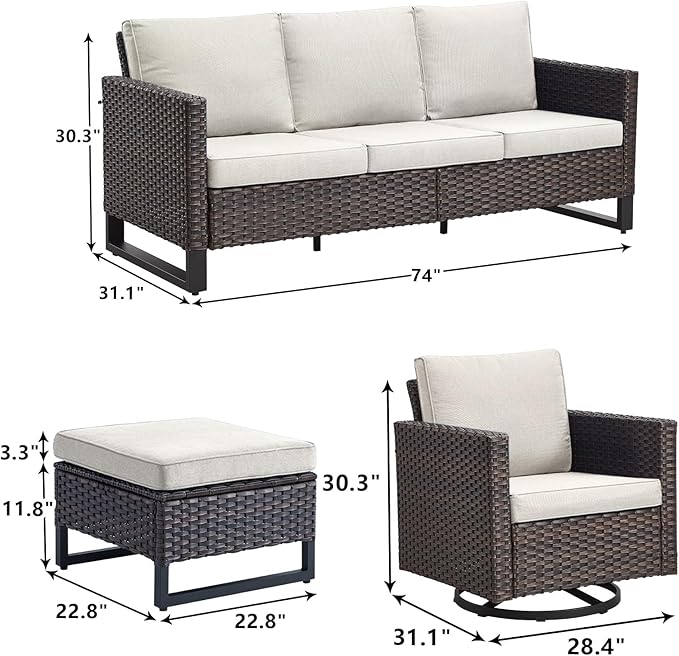 Rilyson Wicker Outdoor Patio Furniture Set - 7 Piece Patio Conversation Set with 4 Swivel Rocker Chairs,2 Rattan Ottoman and 1 Couch for Outside Porch Deck Backyard(Brown/Beige)