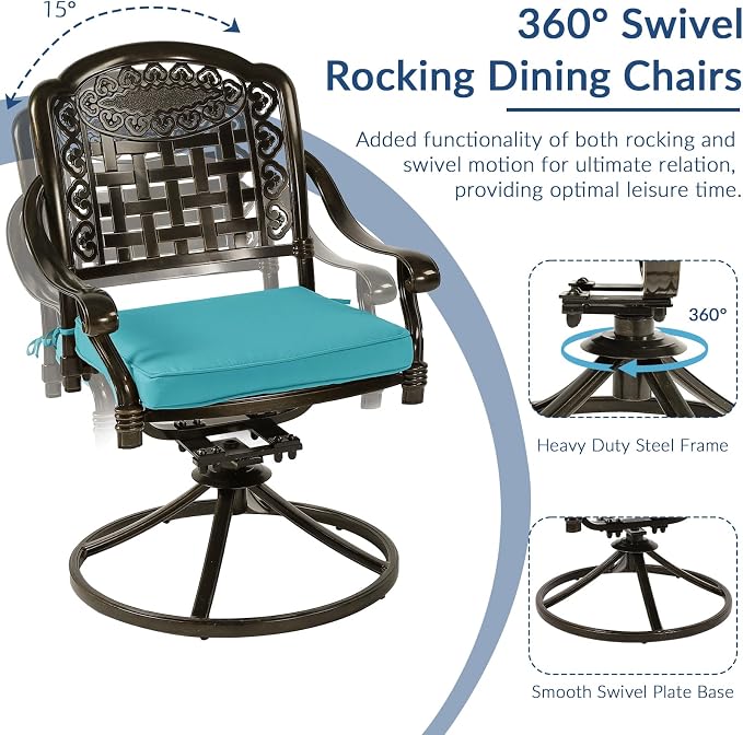 9-Piece Patio Cast Aluminum Dining Set, Outdoor Table and Chairs Set for 8, Includes 94.5" Rectangular Dining Table, 6 Stationary, 2 Swivel Dining Chairs with Umbrella Hole, Ocean Blue
