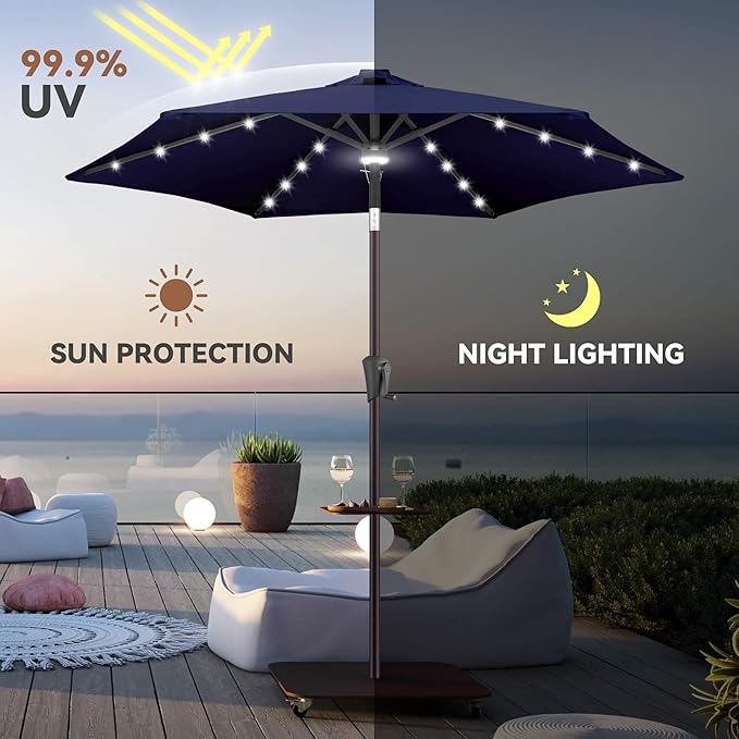7.5ft Solar Umbrella Outdoor - Lighted Solar Patio Umbrella with 24 LED Lights Waterproof UV Protection, Table Umbrella with Tilt for Pool, Porch, Garden, Deck, Backyard (Navy Blue)