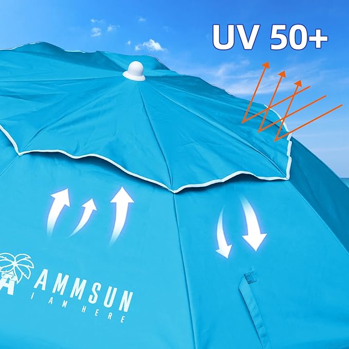 AMMSUN 6ft Folded Portable Travel Beach Umbrella with Sand Anchor Tilt Air vent UPF 50+UV Protection Fit In Suitcase Compact Foldable Telescopic umbrellas for Patio Garden Beach Pool Sky Blue