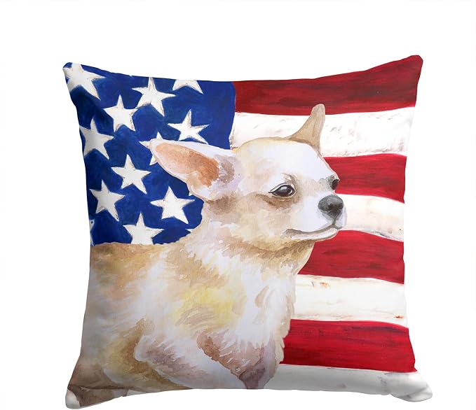 Caroline's Treasures BB9697PW1414 Chihuahua Leg up Patriotic Fabric Decorative Pillow Machine Washable, Indoor Outdoor Decorative Pillow for Couch, Bed or Patio, 14Hx14W