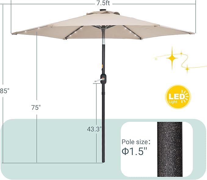 7.5ft Outdoor Umbrella Patio Umbrella with Solar Lights,18 LED Lighted Table Market Outdoor Umbrella, 2-Year-Non-Fading, for Pool, Deck, Garden,Backyard