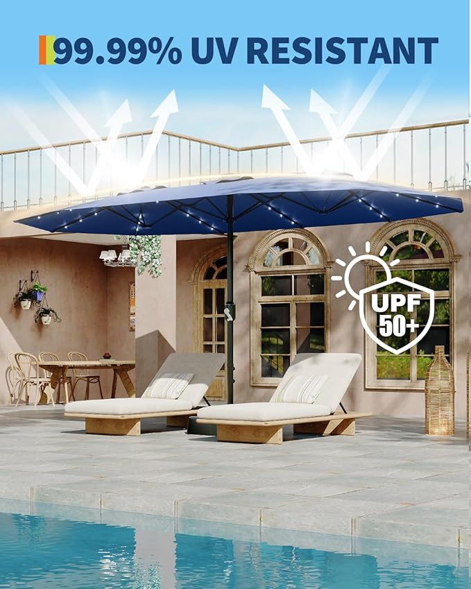 GarveeLife 15 ft Large Patio Umbrella with Lights, 36 LED Lights Double-sided Patio Umbrella with Weighted Base for Poolside Garden Backyard
