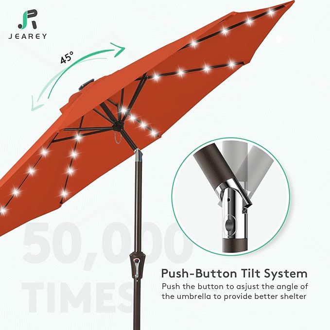 JEAREY 9FT Outdoor Patio Umbrella with Solar Lights, LED Lighted Pool Umbrella with Tilt and Crank, Outdoor Table Umbrellas for Deck, Yard & Market (Orange)