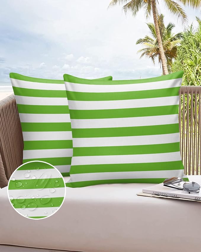Outdoor Waterproof Pillow Covers for Patio Furniture Green and White Stripes Decorative Throw Pillow Cover Solid Striped Pillowcases Set of 2 Cushion Case for Sofa Couch Chair 26 x 26 in