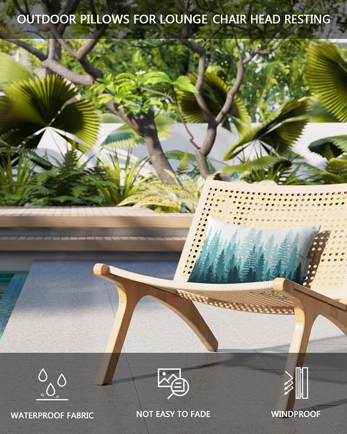 Outdoor Pillows Covers with Inserts Forest Tree Silhouette Teal Green Abstract Gradient Waterproof Pillow with Adjustable Strap Throw Pillows for Patio Furniture Recliner Lounge Chair, 12" x 20", 2PCS