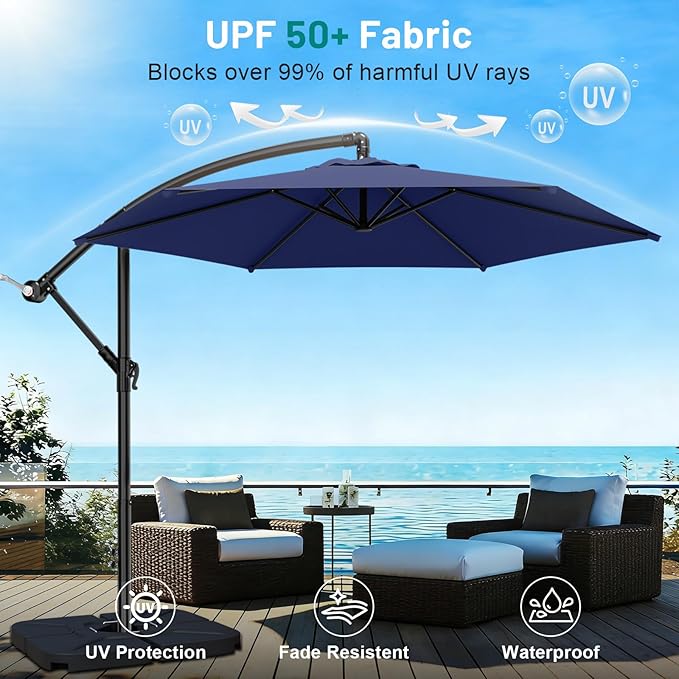AreShark 10FT Patio Outdoor Umbrella, Offset Patio Umbrella Cantilever Umbrella, 6 Sturdy Ribs, Easy Adjustment for Garden Market Pool with Cross Base (Navy)