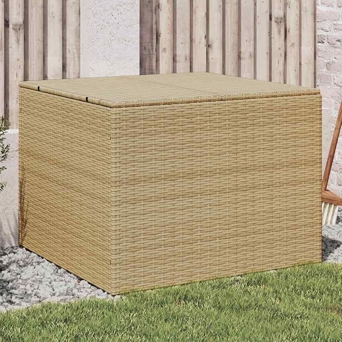 Outdoor Garden Storage Box 77 Gallon Resin Wicker Deck Bin for Patio Backyard Pool Accessories Mix Beige